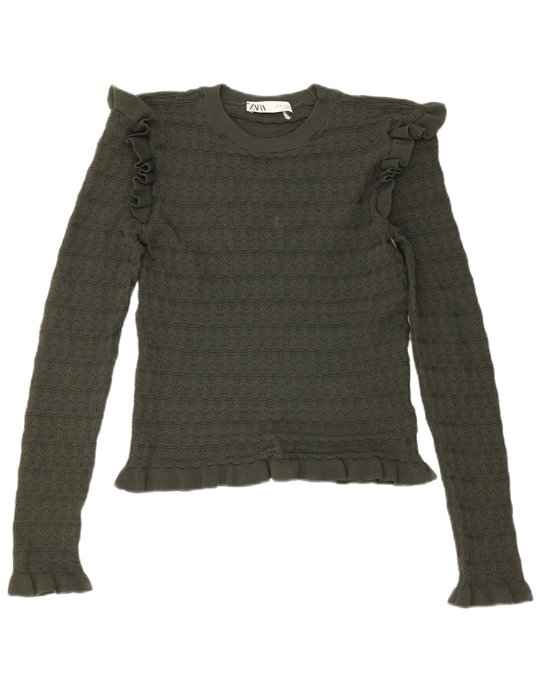 Zara Womens Crop Ruffle Front Top Long Sleeve UK 8 Small Khaki Polyester
