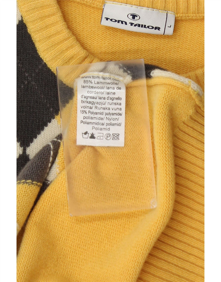 Tom Tailor Mens Crew Neck Jumper Sweater Large Yellow Argyle/Diamond Wool