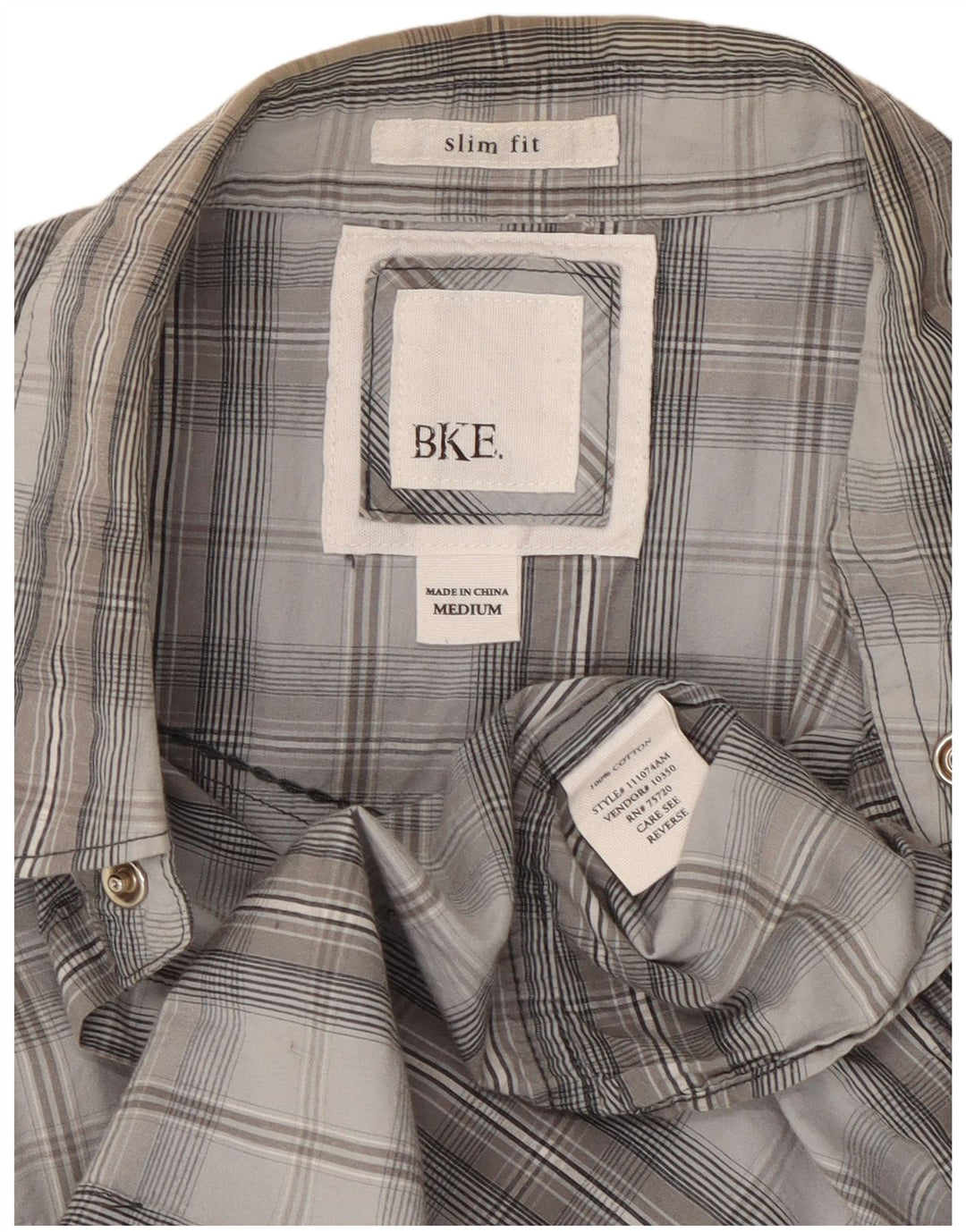 BKE Mens Slim Fit Shirt Medium Grey Check Cotton