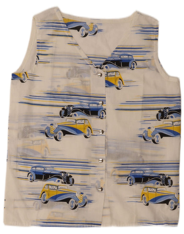Vintage Womens Abstract Pattern Sleeveless Shirt Blouse UK 14 Large White