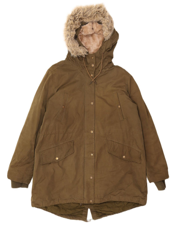 FAT FACE Womens Hooded Parka Jacket UK 16 Large Khaki Polyester
