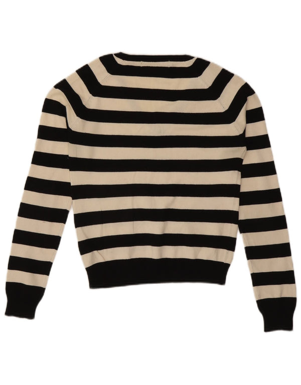 Zara Womens V-Neck Jumper Sweater UK 8 Small Black Striped Cotton