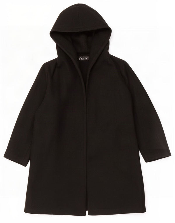 Zara Womens Hooded Open Overcoat UK 14 Medium Black Polyester