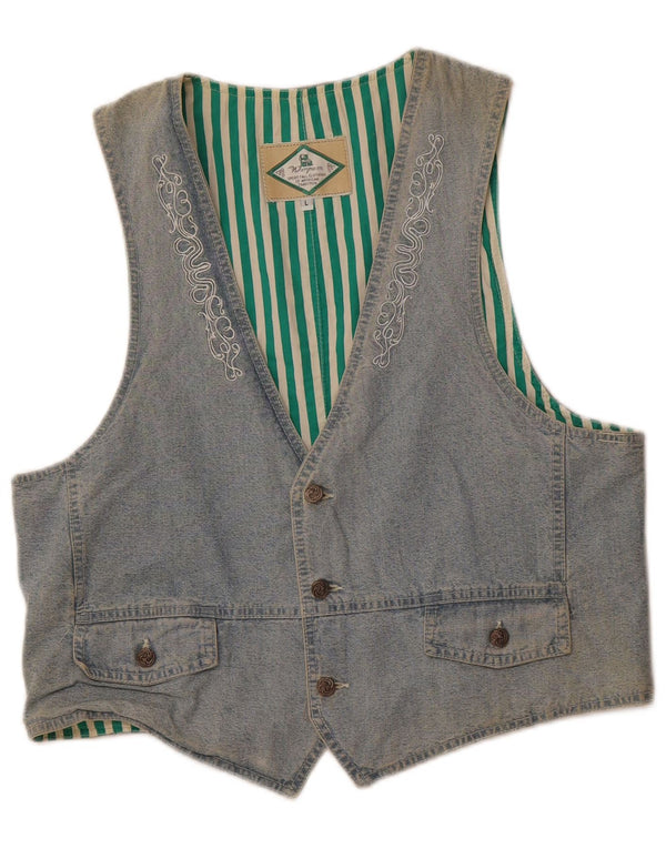 WAMPUM Womens Waistcoat UK 16 Large Blue Cotton