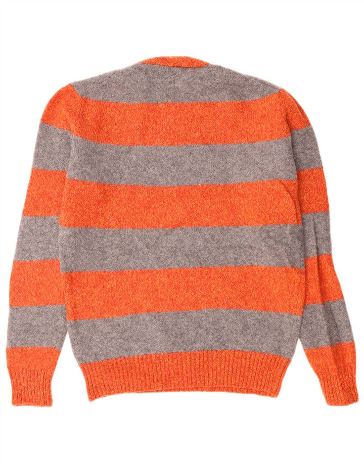 BENETTON Mens Crew Neck Jumper Sweater Small Orange Striped Virgin Wool