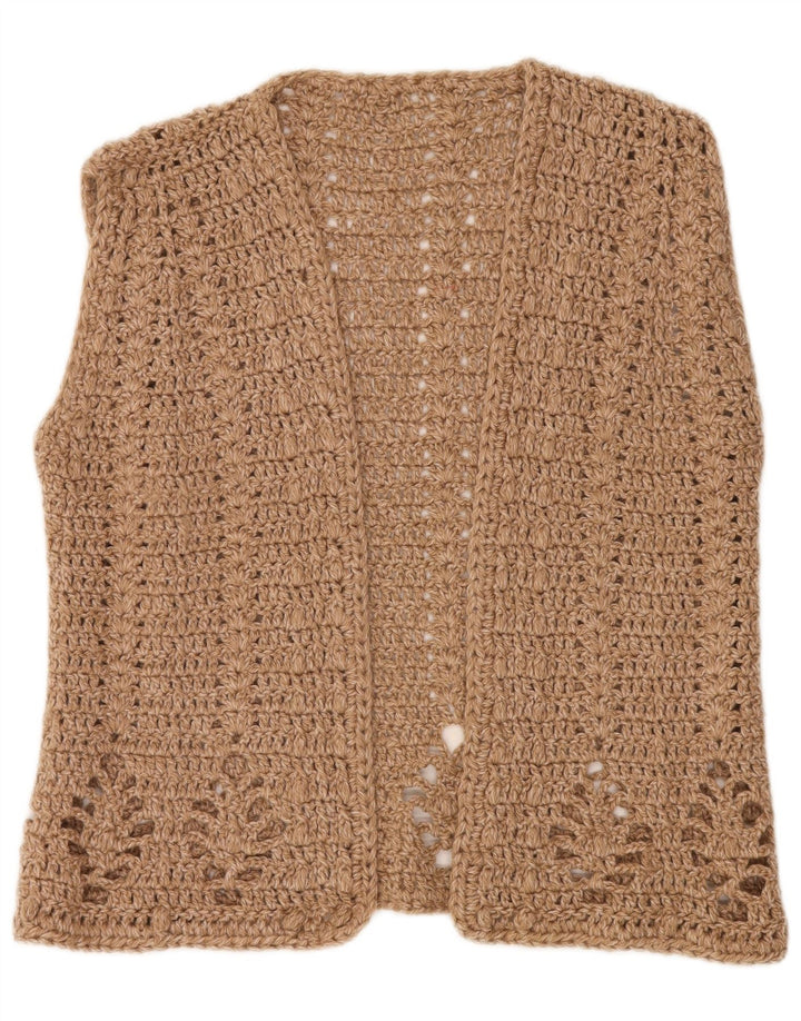 VINTAGE Womens Sleeveless Crochet Cardigan Sweater UK 14 Large Beige