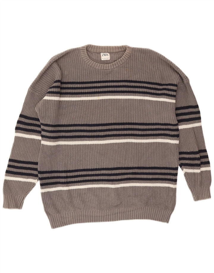 Zara Mens Crew Neck Jumper Sweater Large Grey Striped