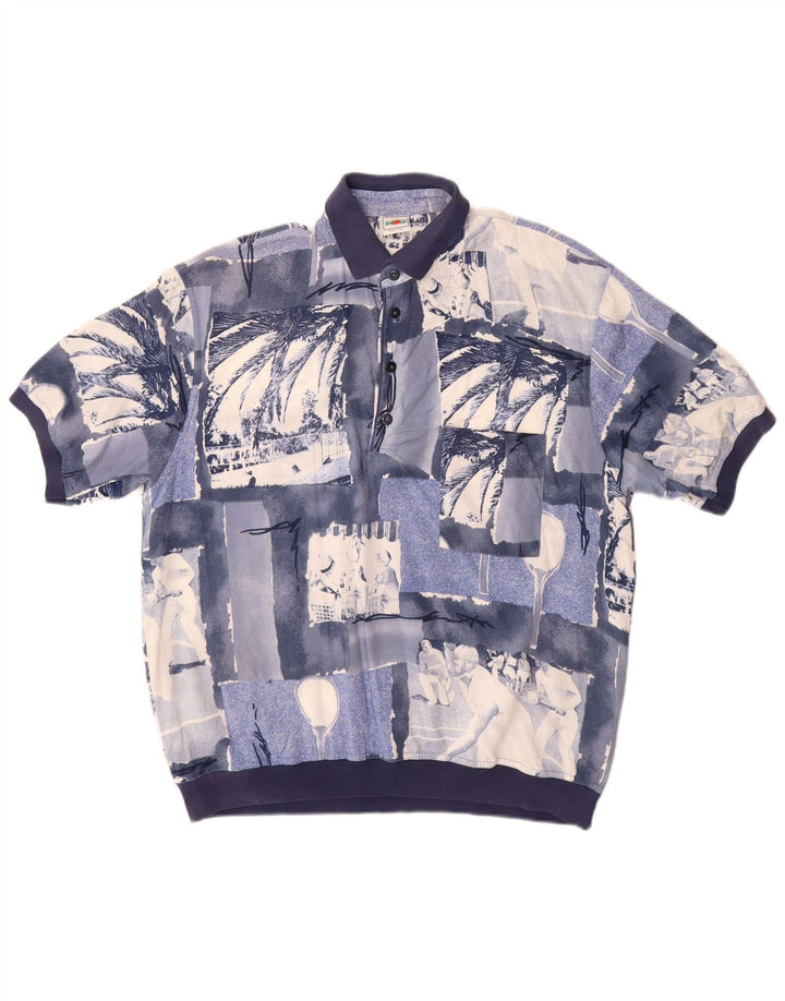 MANGO Mens Short Sleeve Pullover Shirt Large Blue Patchwork