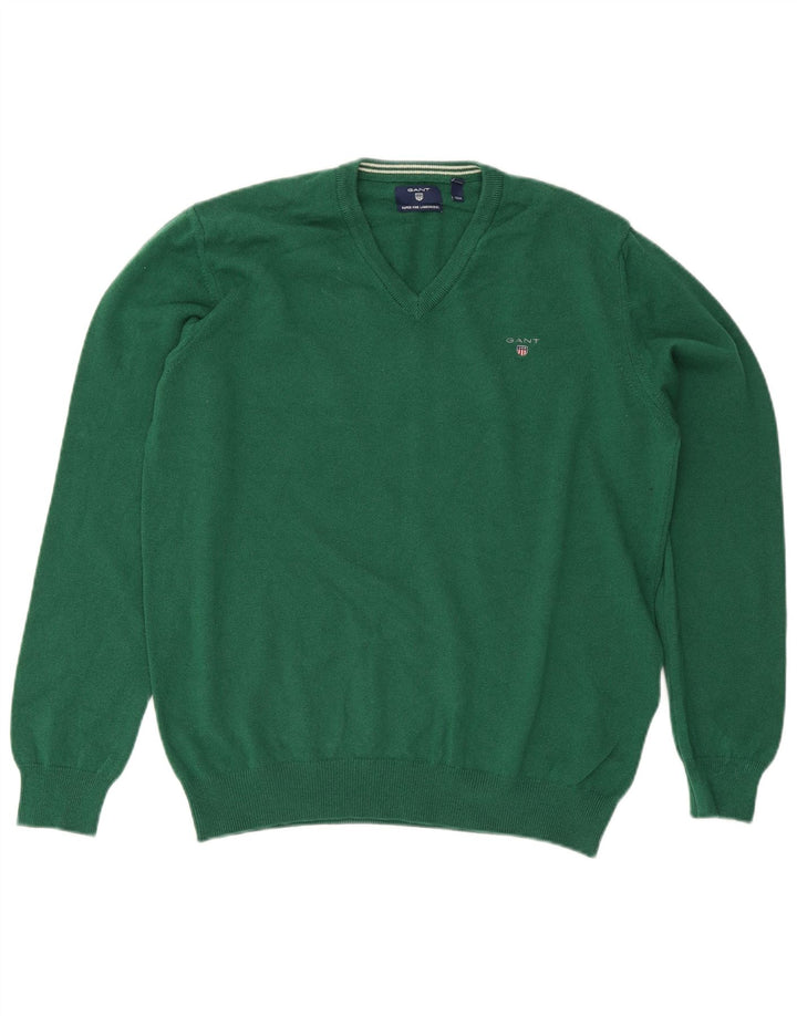 Gant Mens V-Neck Jumper Sweater XL Green Wool