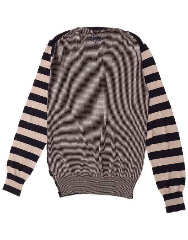 Gaudi Mens V-Neck Jumper Sweater Large Black Striped Merino Wool