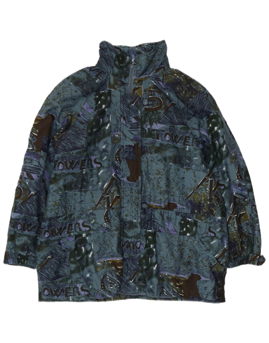 VINTAGE Womens Abstract Pattern Oversized Windbreaker Coat EU 44 XL Blue