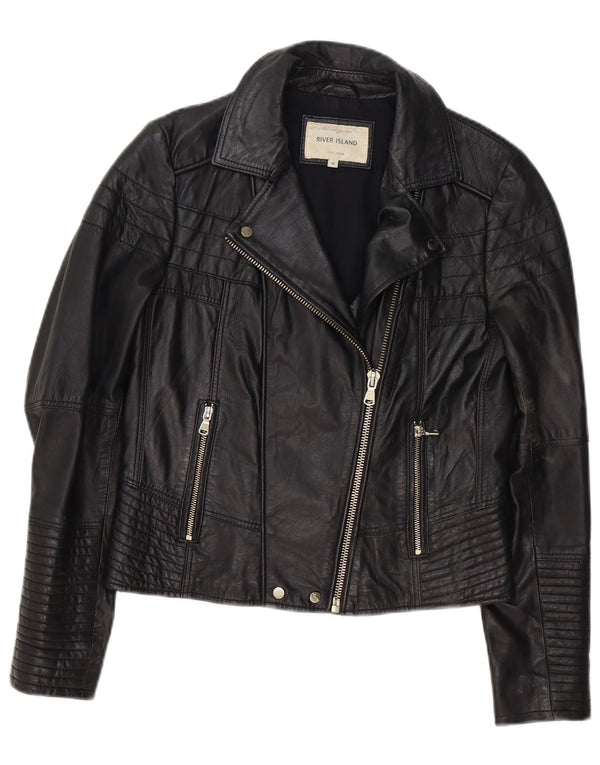 River Island Womens Leather Biker Jacket UK 12 Medium Black