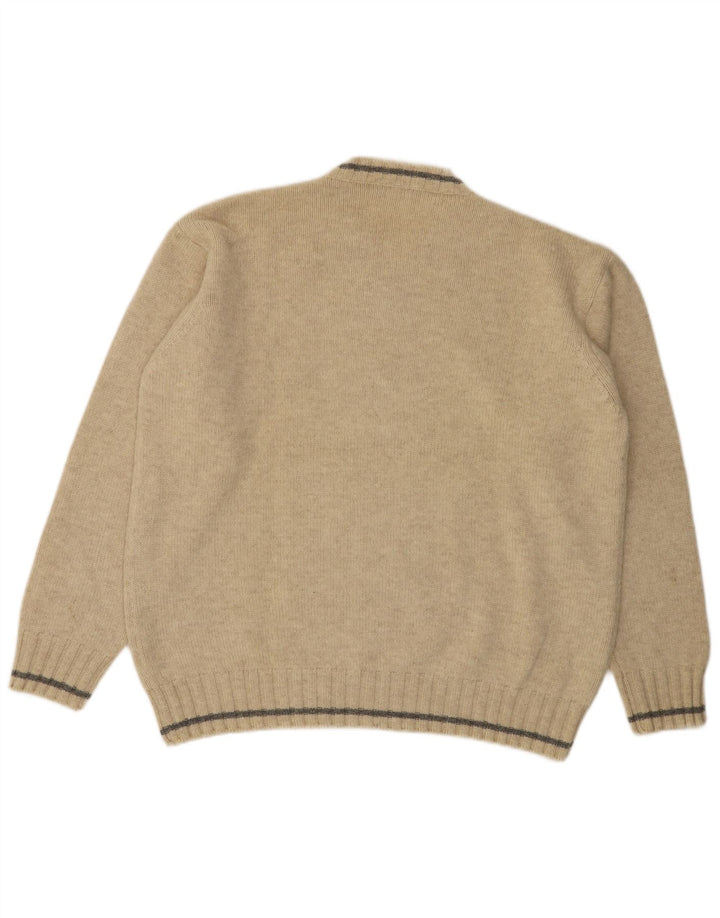 Fred Perry Mens V-Neck Jumper Sweater Large Beige Wool