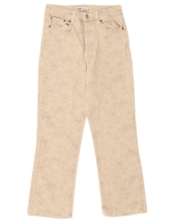 Zara Womens Cropped Jeans Small W28 L25 Beige Floral Cotton