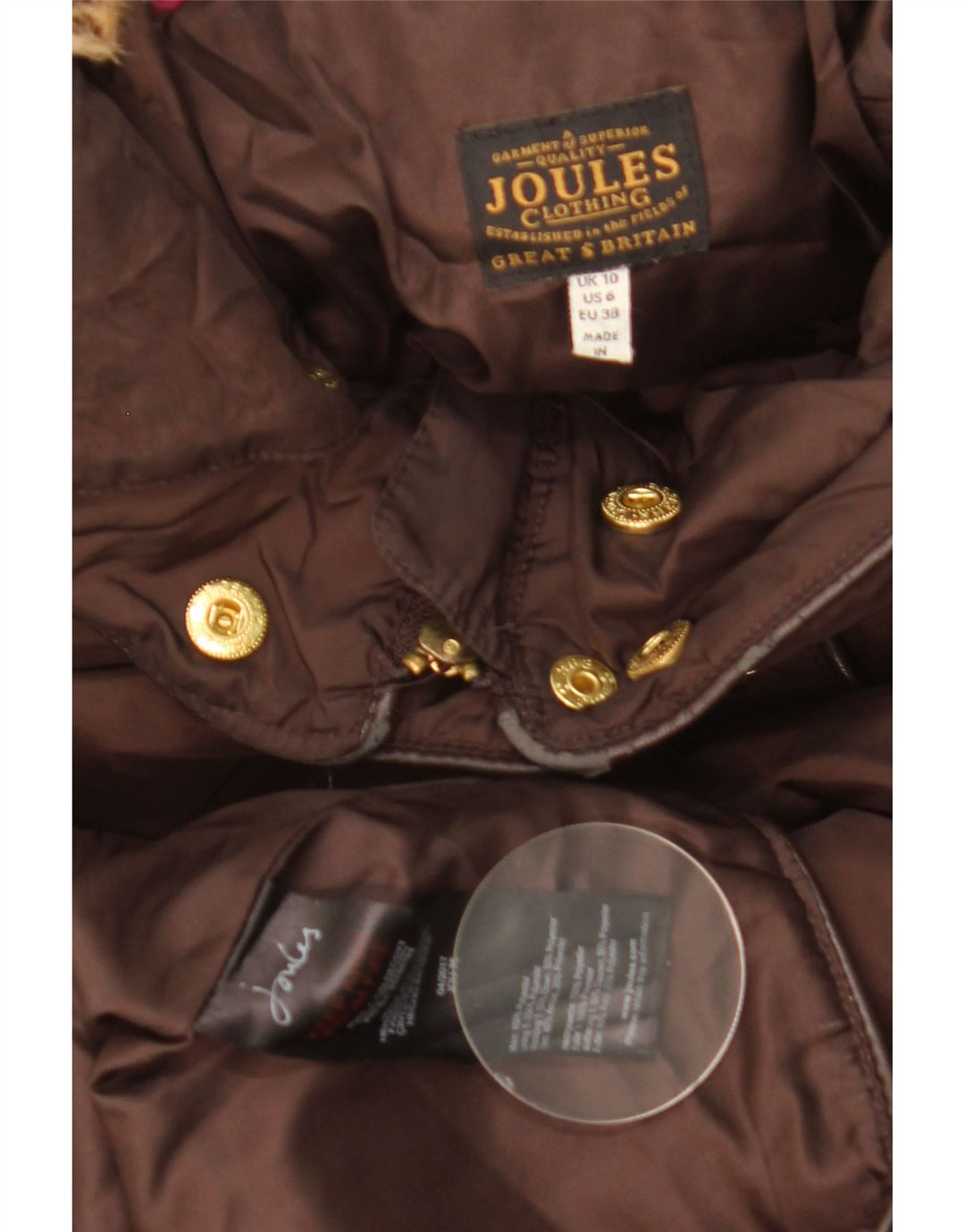 JOULES Womens Hooded Padded Coat UK 10 Small Brown Polyester