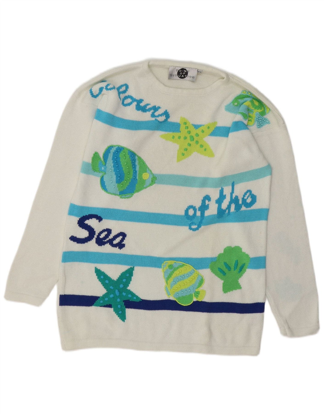 VINTAGE Womens Graphic Crew Neck Jumper Sweater EU 40 Medium White Striped