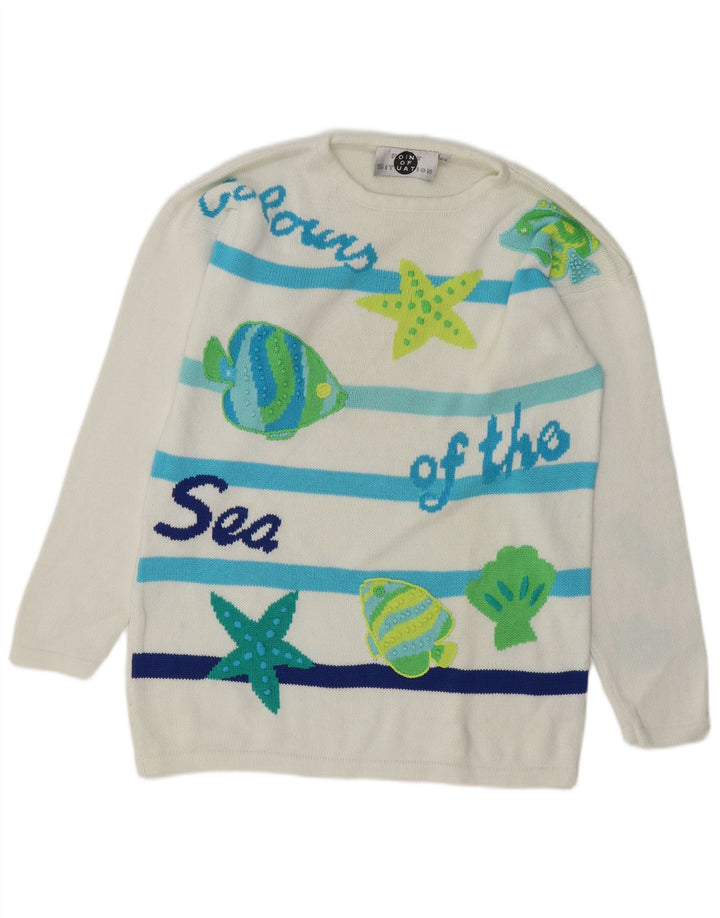 VINTAGE Womens Graphic Crew Neck Jumper Sweater EU 40 Medium White Striped