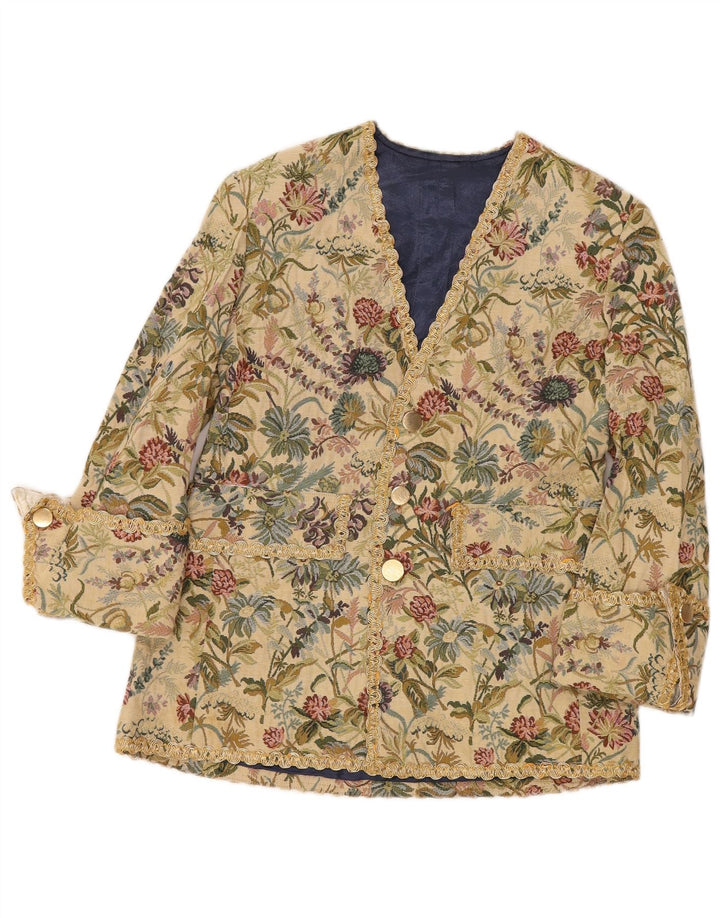 VINTAGE Womens 3 Button Blazer Jacket UK 12 Medium Beige Floral