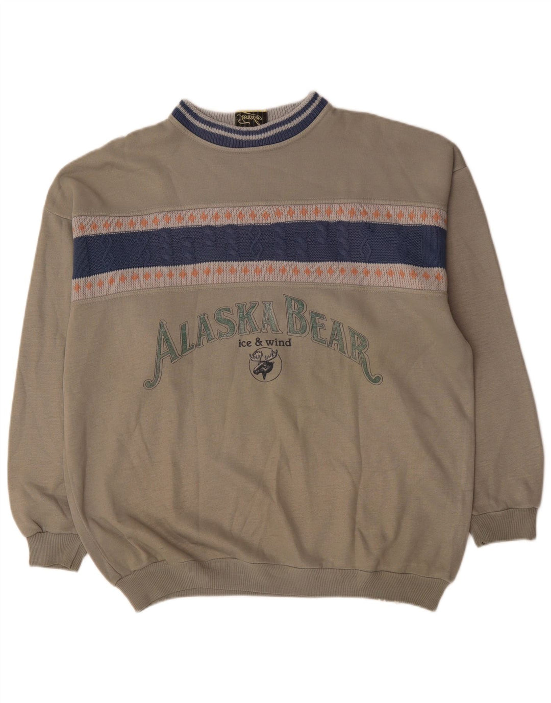 Vintage Mens Graphic Sweatshirt Jumper XL Grey Colourblock Acrylic