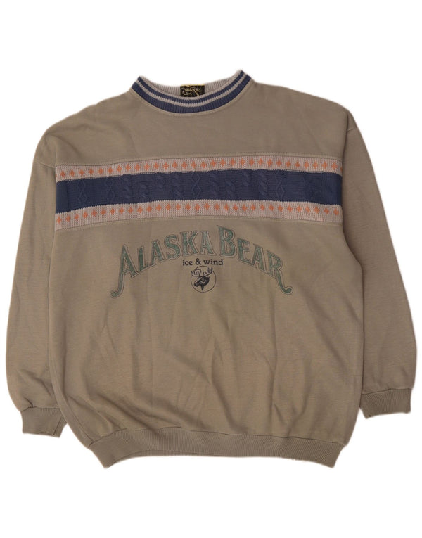 Vintage Mens Graphic Sweatshirt Jumper XL Grey Colourblock Acrylic