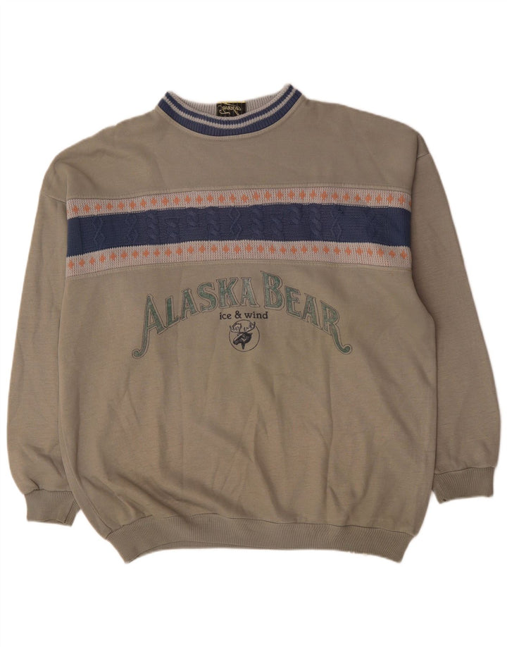 Vintage Mens Graphic Sweatshirt Jumper XL Grey Colourblock Acrylic