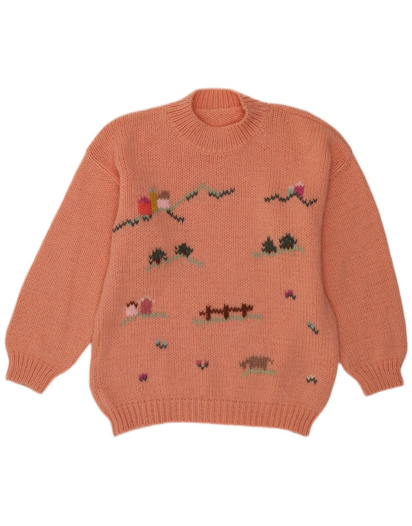 Vintage Womens Graphic Crew Neck Jumper Sweater UK 14 Large Pink Novelty