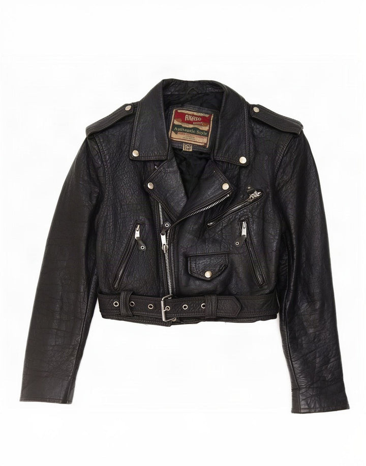 Akaso Womens Crop Leather Biker Jacket UK 10 Small Black