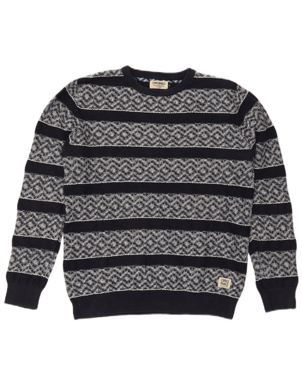 Jack & Jones Mens Crew Neck Jumper Sweater Large Navy Blue Geometric Cotton