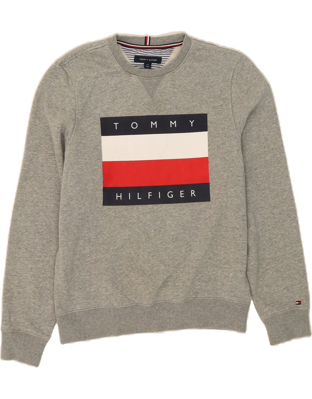 TOMMY HILFIGER Mens Graphic Sweatshirt Jumper Small Grey Vintage Tommy Hilfiger and Second-Hand Tommy Hilfiger from Messina Hembry 