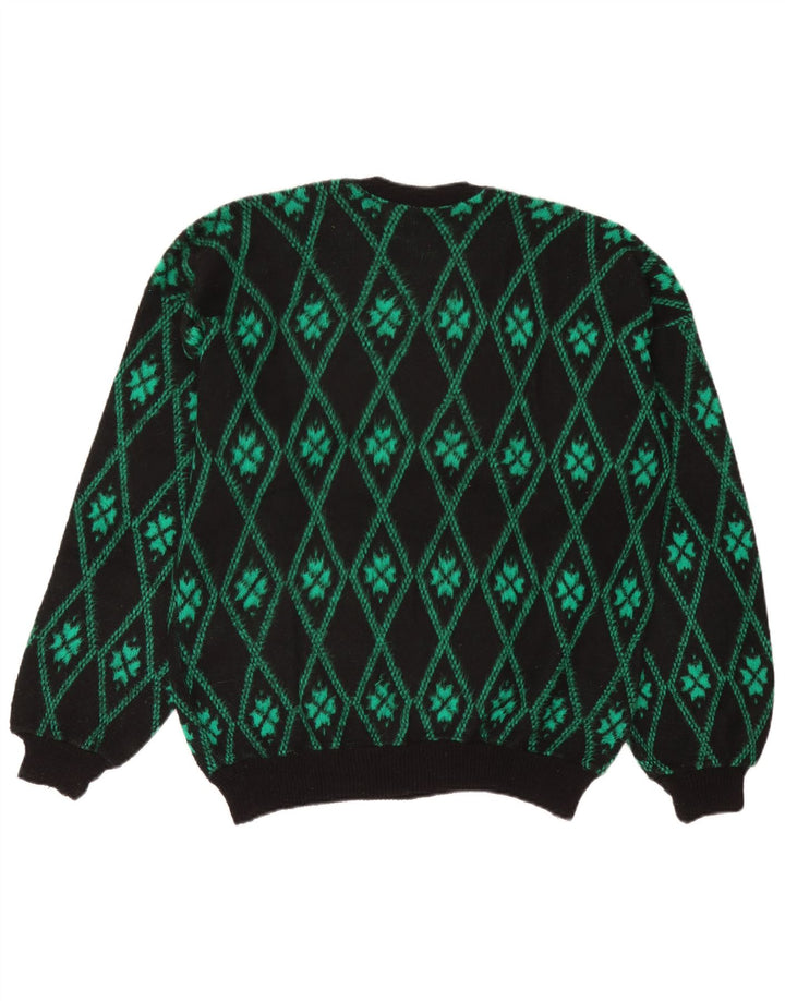 Vintage Mens Crew Neck Jumper Sweater Medium Green Argyle/Diamond