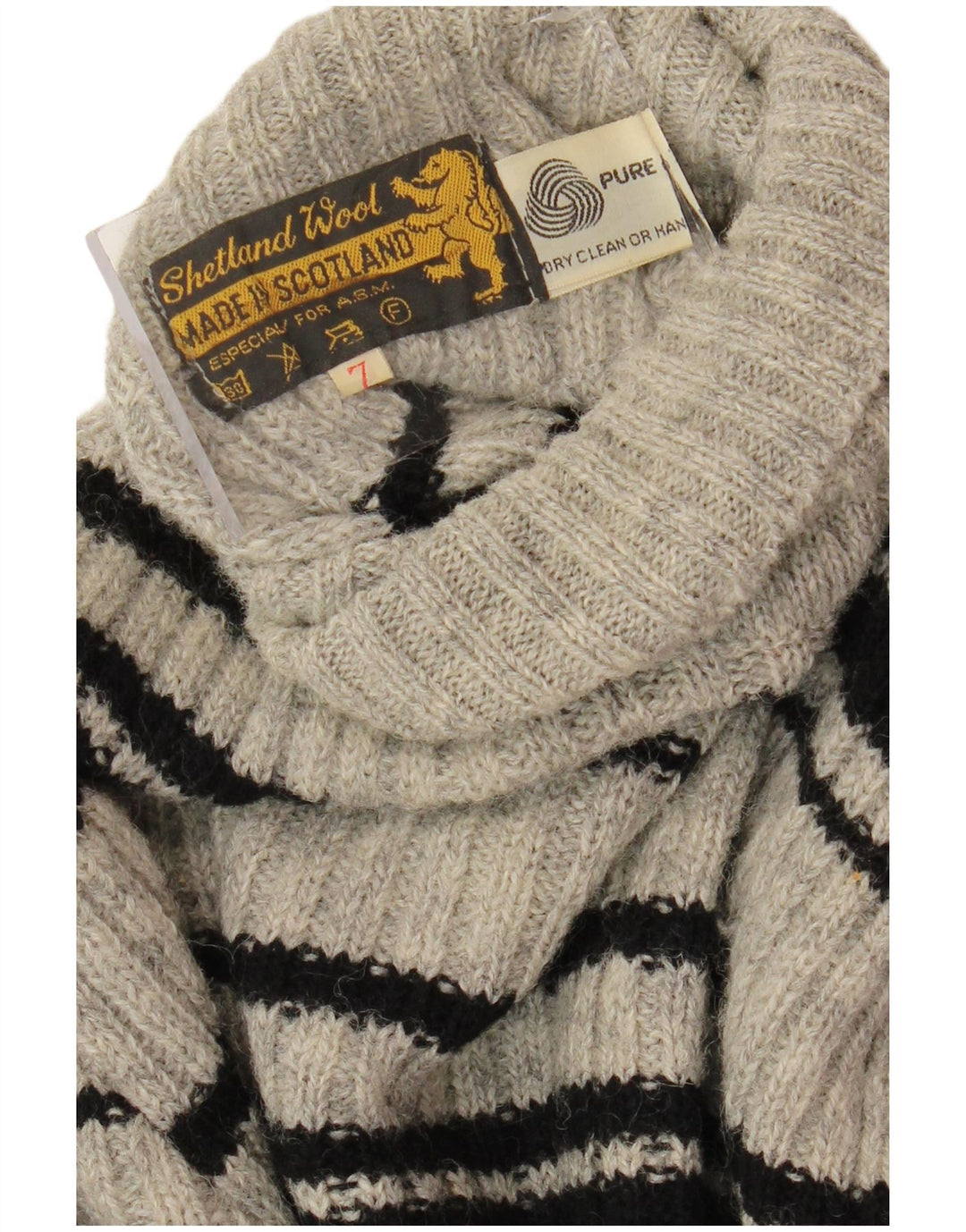 SHETLAND Womens Roll Neck Jumper Sweater UK 16 Large Grey Striped Wool