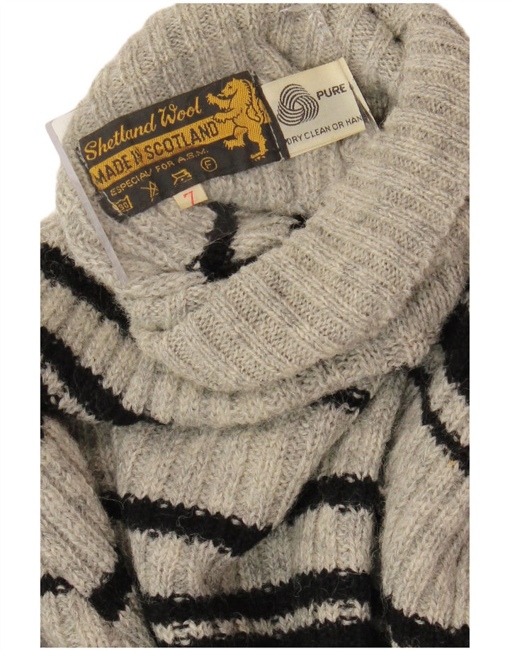 SHETLAND Womens Roll Neck Jumper Sweater UK 16 Large Grey Striped Wool