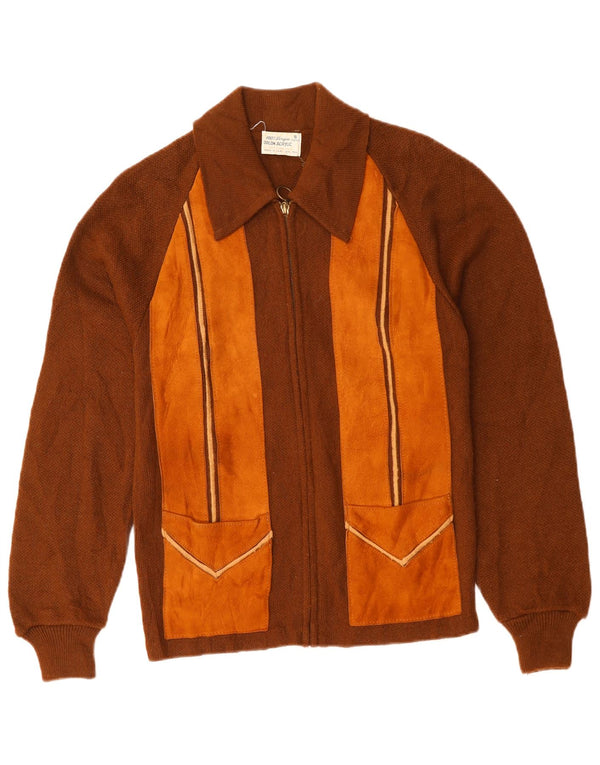 VINTAGE Womens Cardigan Sweater UK 10 Small Brown Colourblock Acrylic