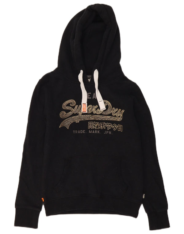 Superdry Womens Graphic Hoodie Jumper UK 12 Medium Black Cotton
