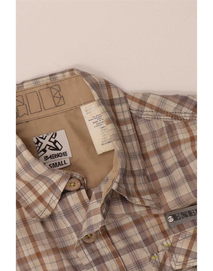 Energie Mens Short Sleeve Shirt Small Beige Check Cotton