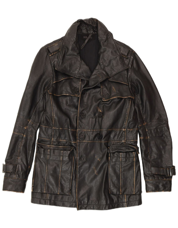 ROGUE Mens Double Breasted Military Jacket UK 38 Medium Black Leather