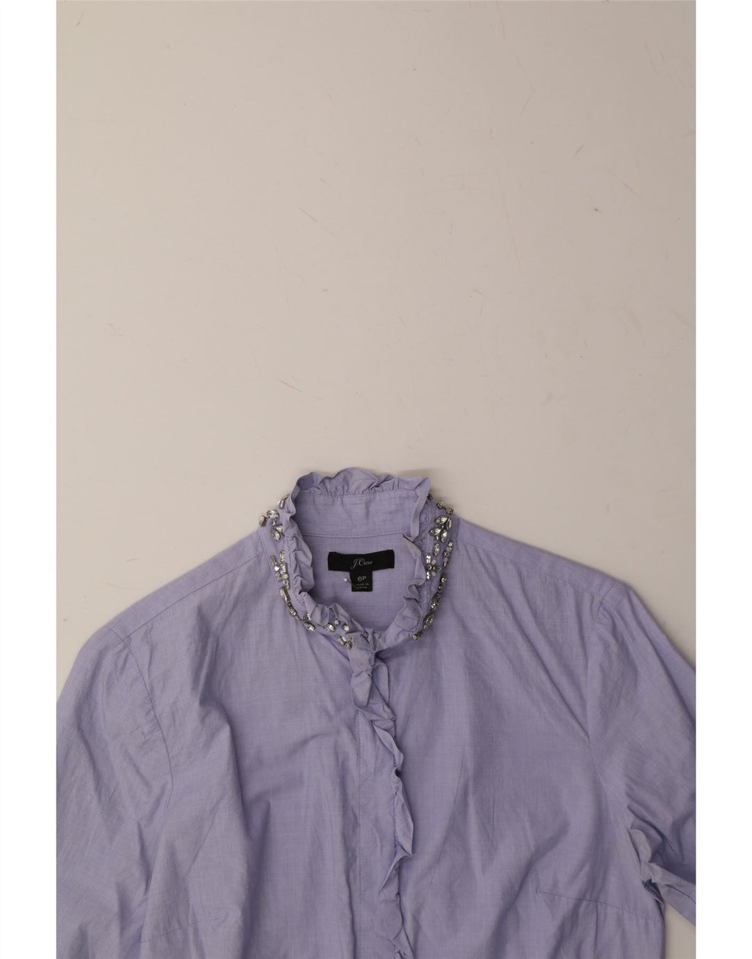 J. CREW Womens Petite Ruffle Front Shirt US 6 Medium Purple Cotton Vintage J. Crew and Second-Hand J. Crew from Messina Hembry 