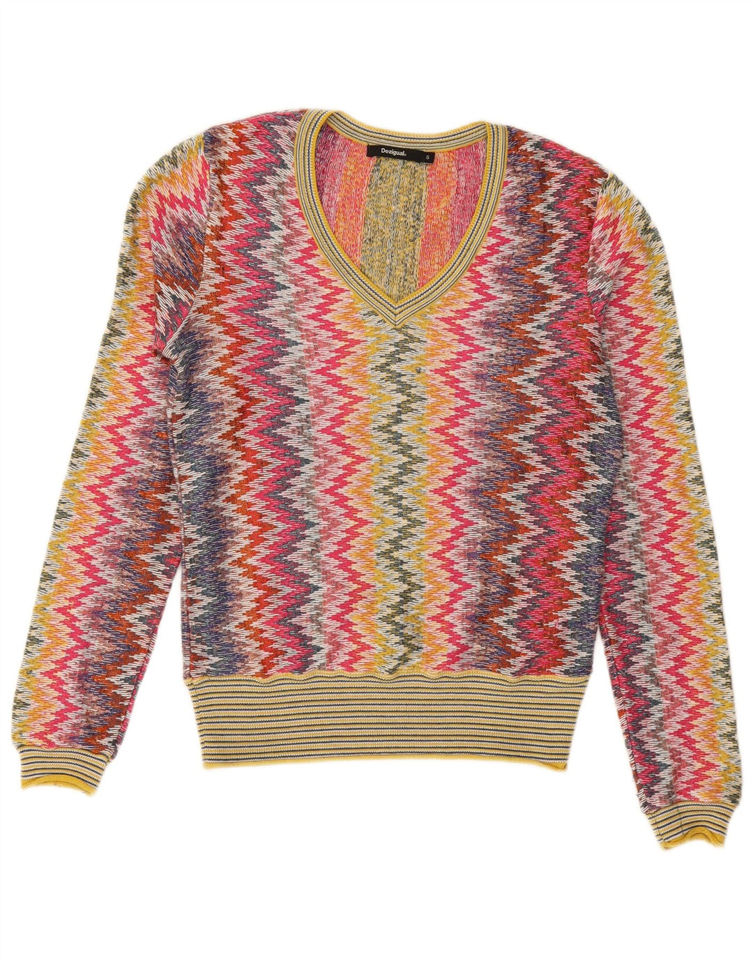 DESIGUAL Womens V-Neck Jumper Sweater UK 10 Small Multicoloured Chevron