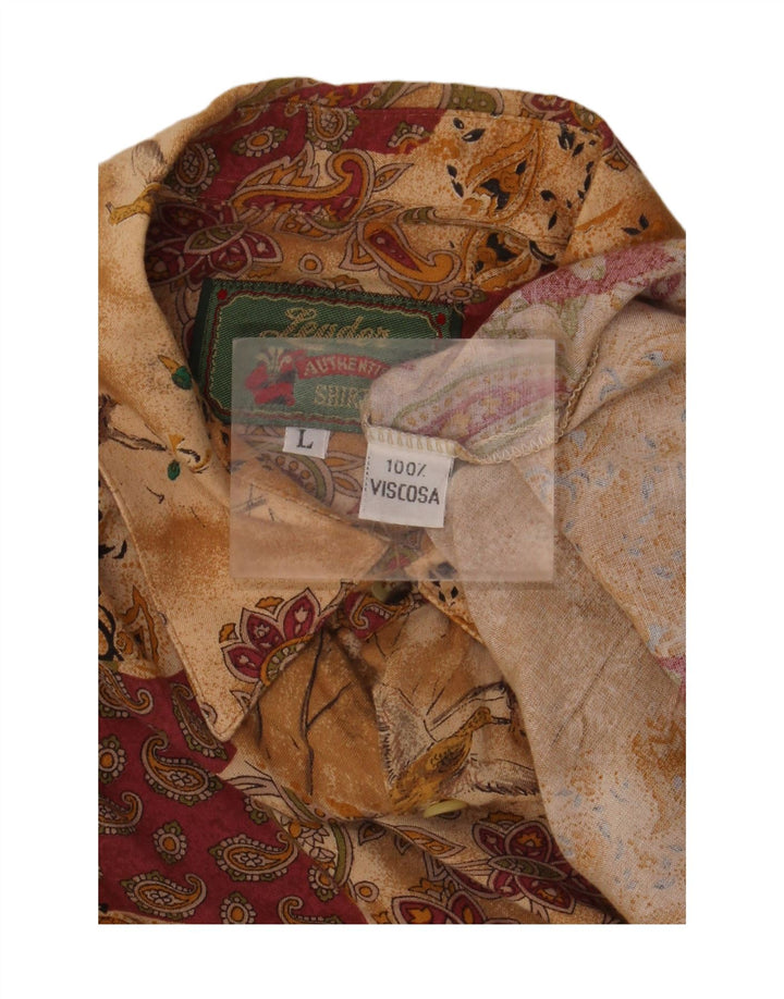 LEADER Mens Shirt Large Beige Paisley Viscose