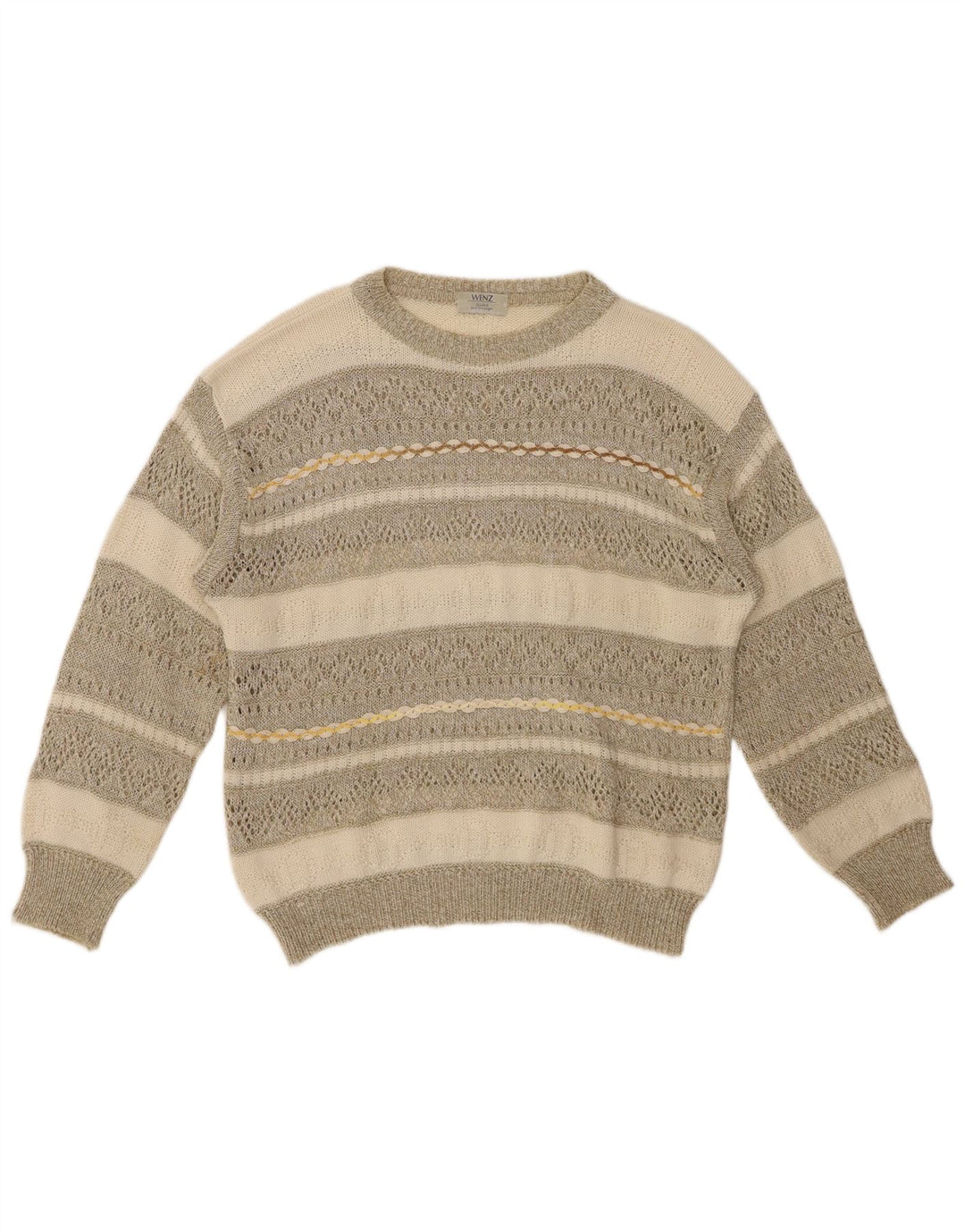 VINTAGE Womens Boat Neck Jumper Sweater UK 14 Large Beige Striped Cotton