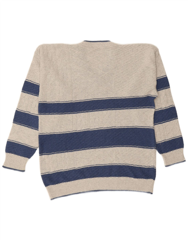 VINTAGE Mens V-Neck Jumper Sweater Large Grey Striped