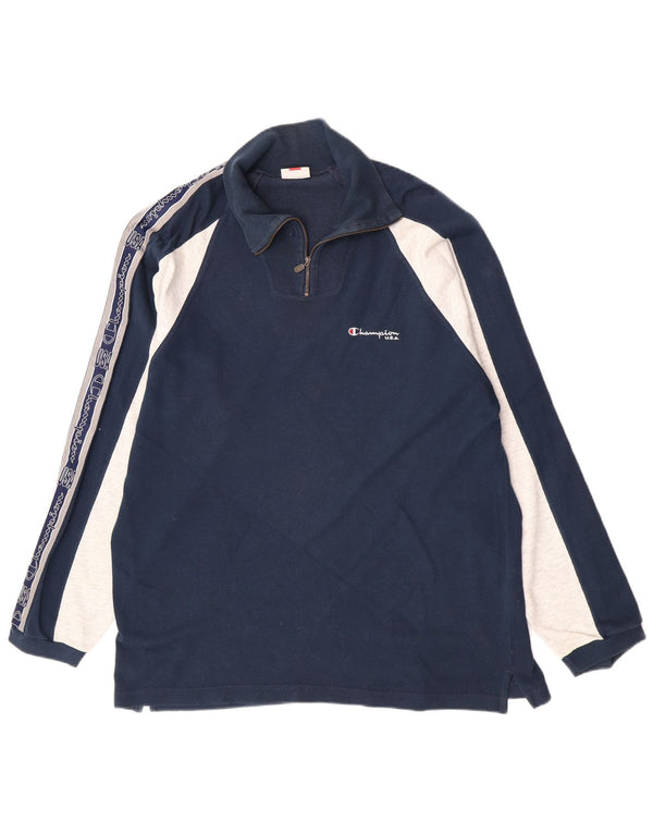 Champion Mens Zip Neck Graphic Top Long Sleeve Large Navy Blue Colourblock