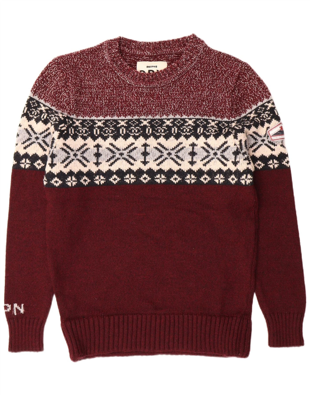 SUPERDRY Mens Crew Neck Jumper Sweater XL Burgundy Fair Isle Classic