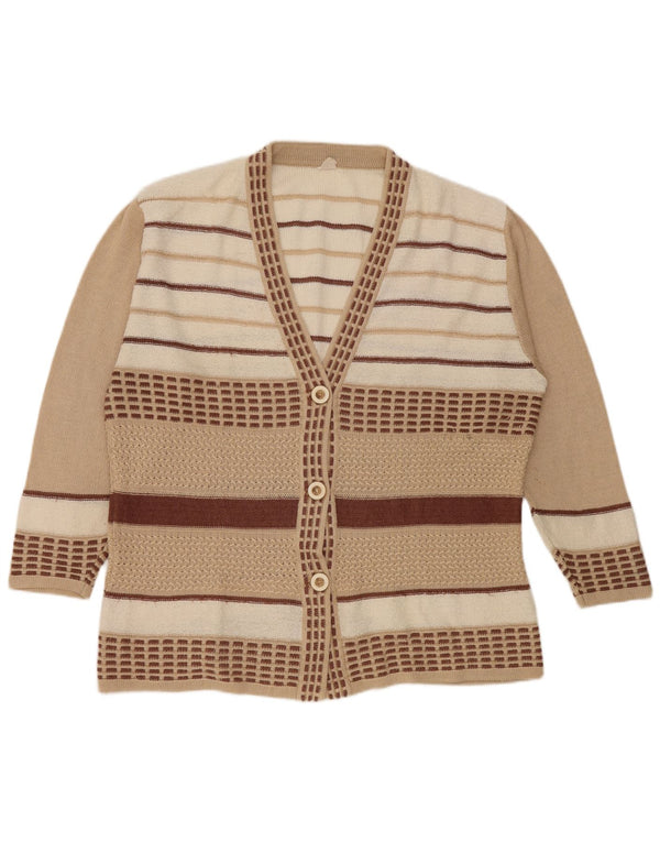 Vintage Womens 3/4 Sleeve Cardigan Sweater UK 18 XL Beige Striped Viscose