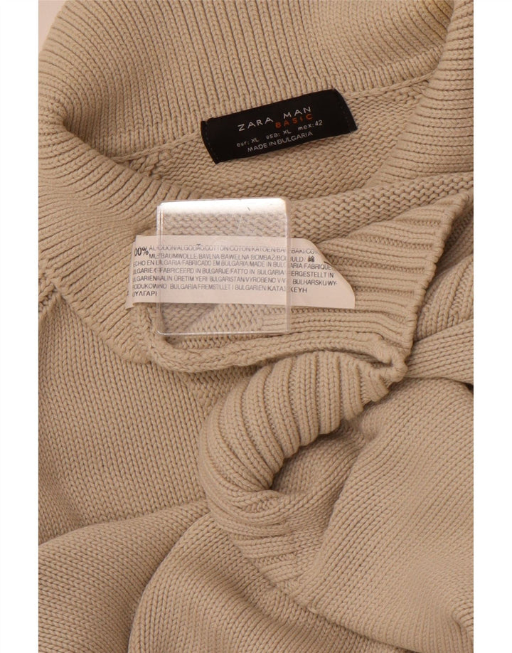 ZARA Mens Polo Neck Jumper Sweater XL Beige Cotton