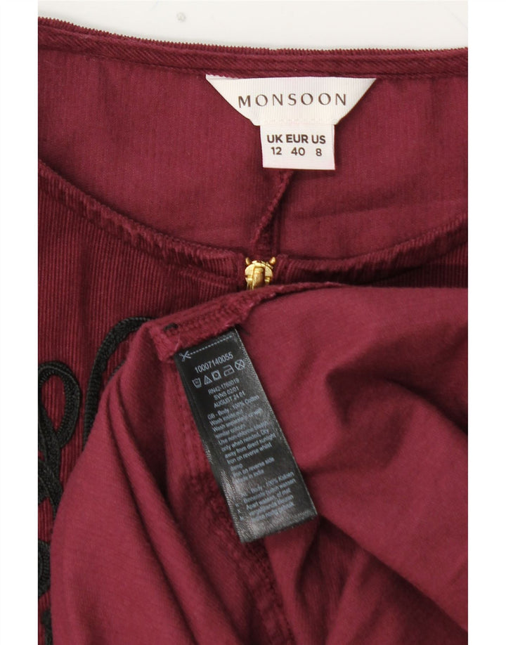MONSOON Womens 3/4 Sleeve Corduroy A-Line Dress UK 12 Medium Burgundy