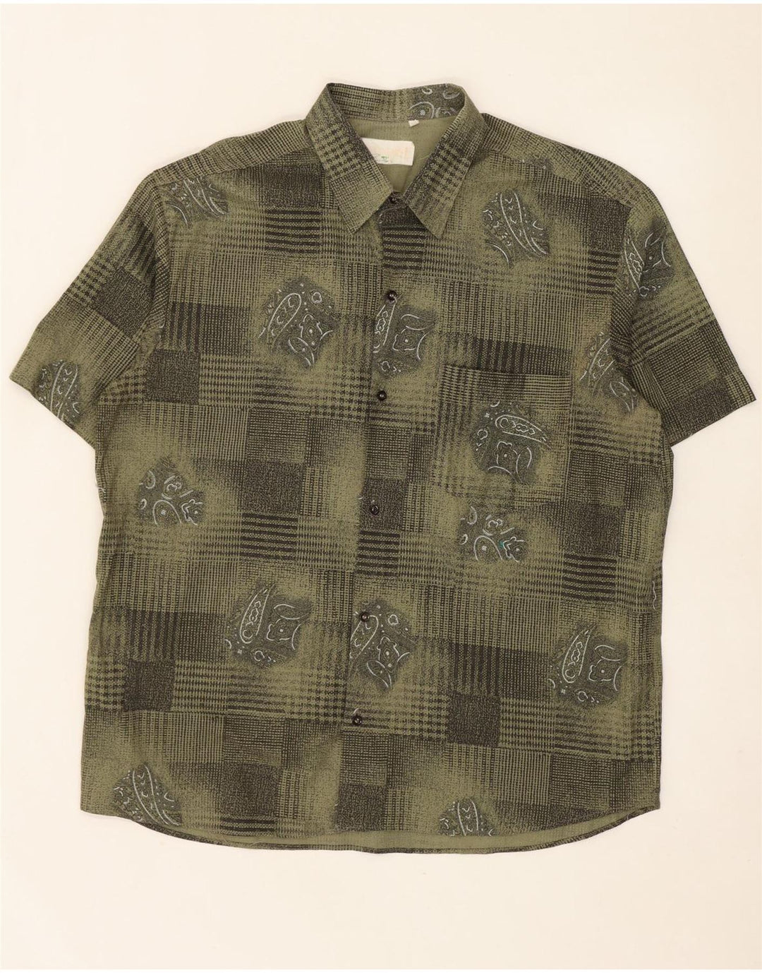 Vintage Mens Abstract Pattern Short Sleeve Shirt XL Khaki Viscose