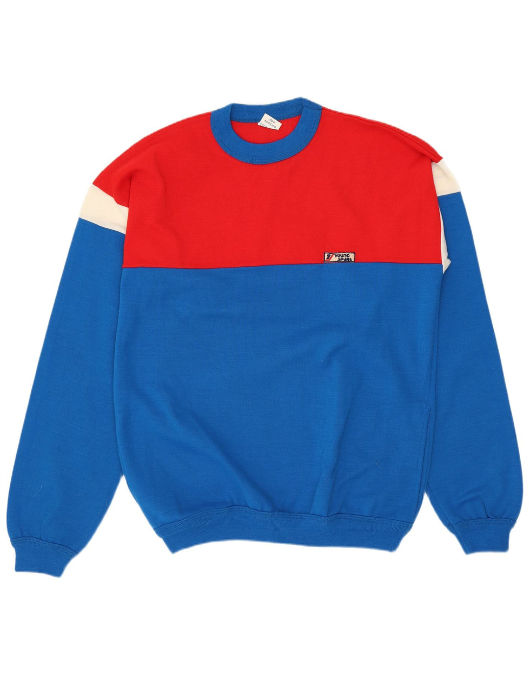 VINTAGE Mens Crew Neck Jumper Sweater Medium Blue Colourblock Acrylic