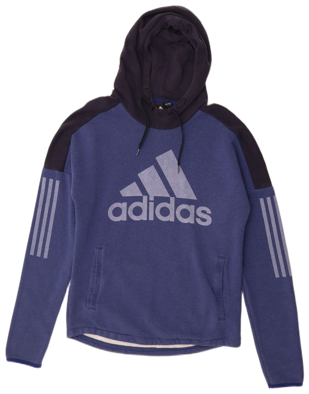 ADIDAS Mens Graphic Hoodie Jumper Small Navy Blue Colourblock Cotton