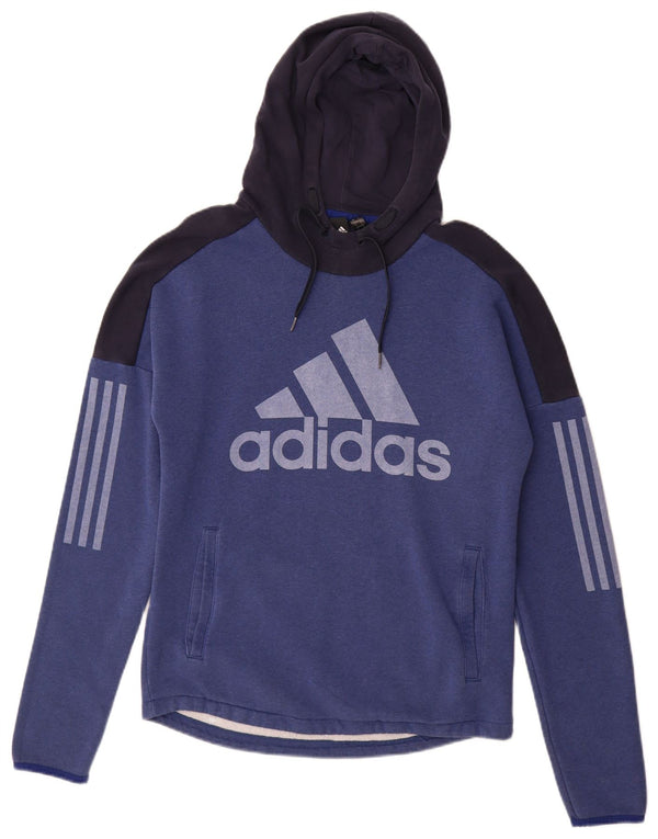 ADIDAS Mens Graphic Hoodie Jumper Small Navy Blue Colourblock Cotton